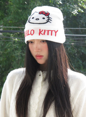 可爱kitty凯蒂猫针织帽氛围感冷帽休闲显脸小百搭套头保暖包头帽