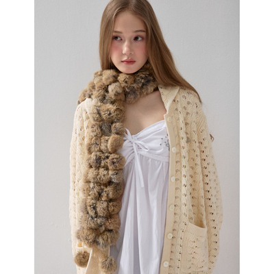 100％真兔毛软糯毛球秋冬围巾古早感渐变复古保暖皮草围脖围巾