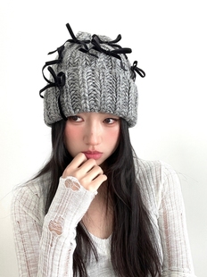 秋冬韩系氛围感蝴蝶结毛线帽可爱小众ins保暖护耳针织帽子堆堆帽