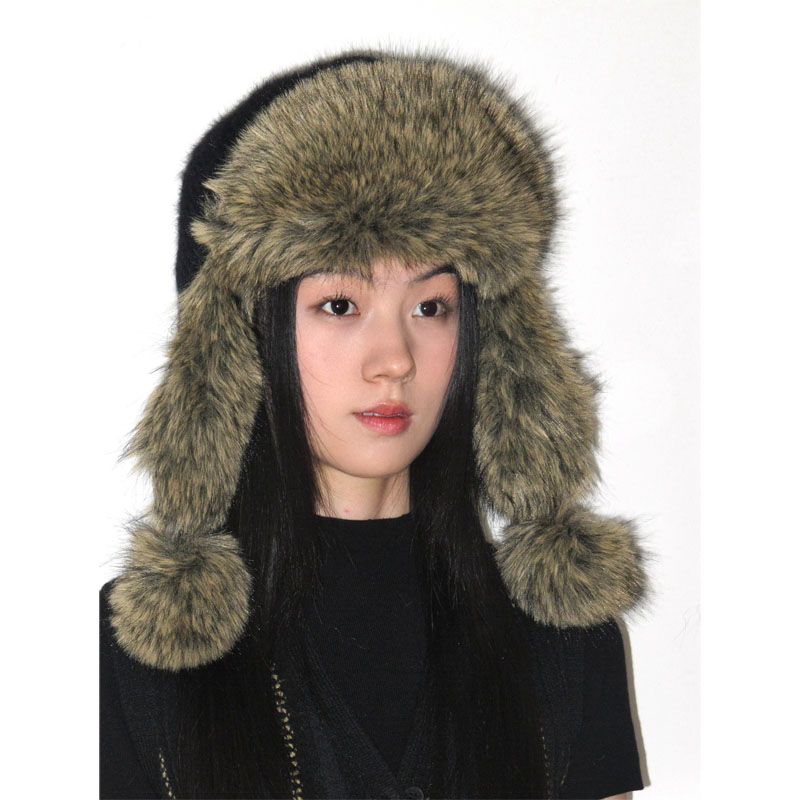 高品质时髦护耳帽子毛毛雷锋帽女加厚保暖毛球冬季仿皮草狐狸毛