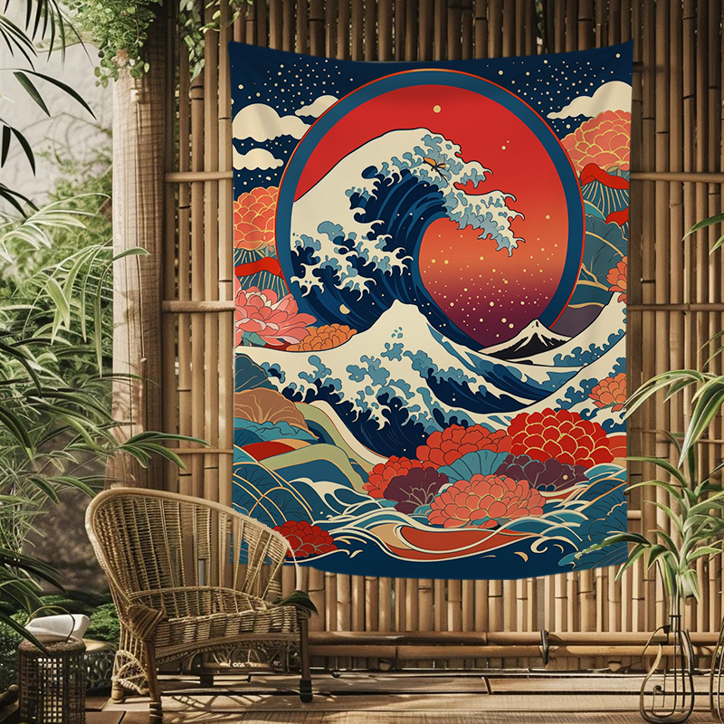 浮世绘创意背景布小众高级感挂布料理店墙壁装饰画布房间客厅布置图片