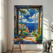 宫崎骏梦幻窗外海边风景竖版 饰布墙遮丑 背景布ins挂布卧室床头装