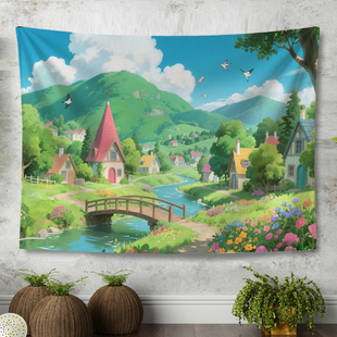 治愈系小镇插画风景背景布ins挂布墙壁装饰画布房间床头遮丑挂毯