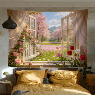 法式 饰画布 温馨窗户背景布ins挂布卧室房间墙面遮丑布挂毯墙壁装