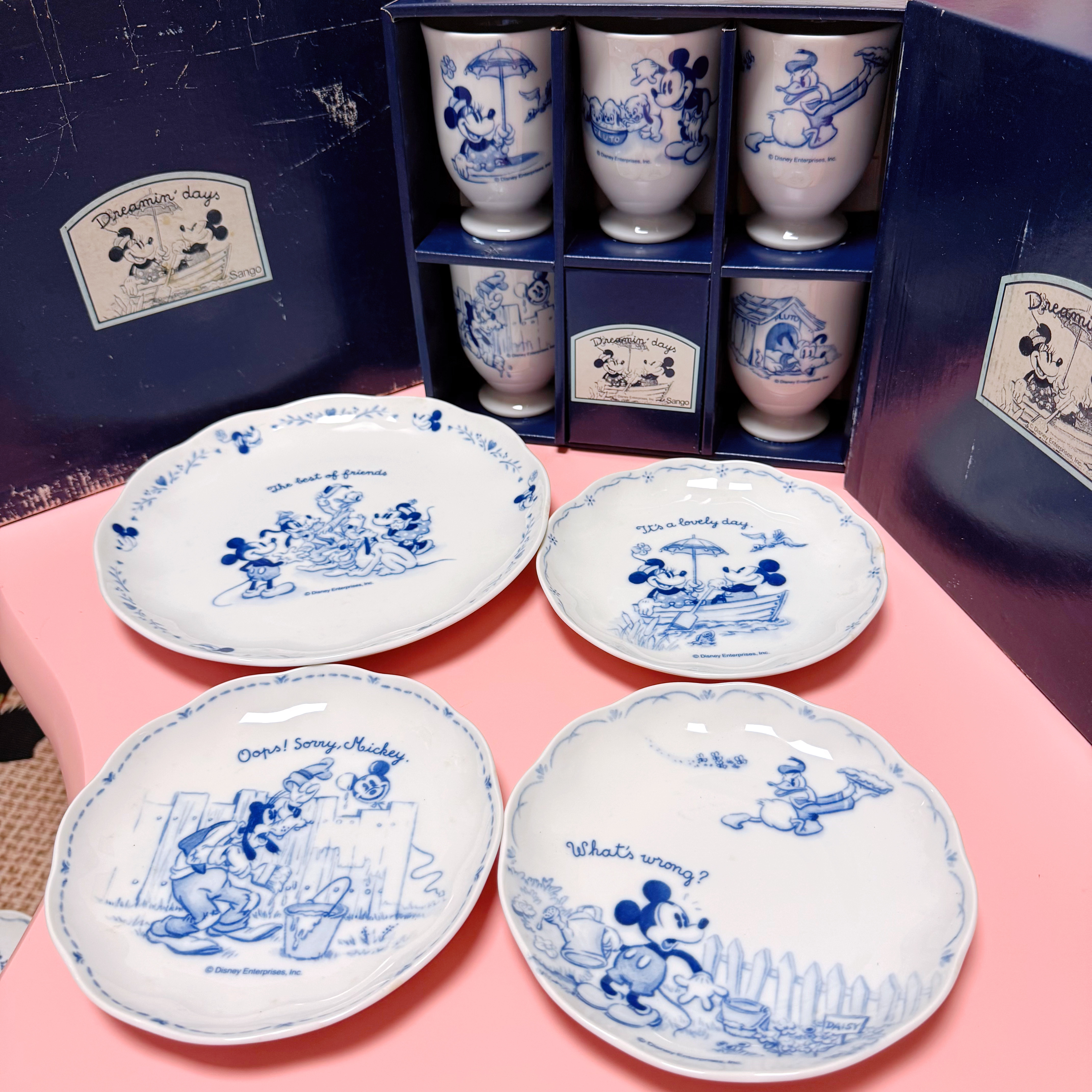 vintage日本sango青花迪士尼米妮米奇餐盘水果盘唐老鸭高飞陶瓷杯