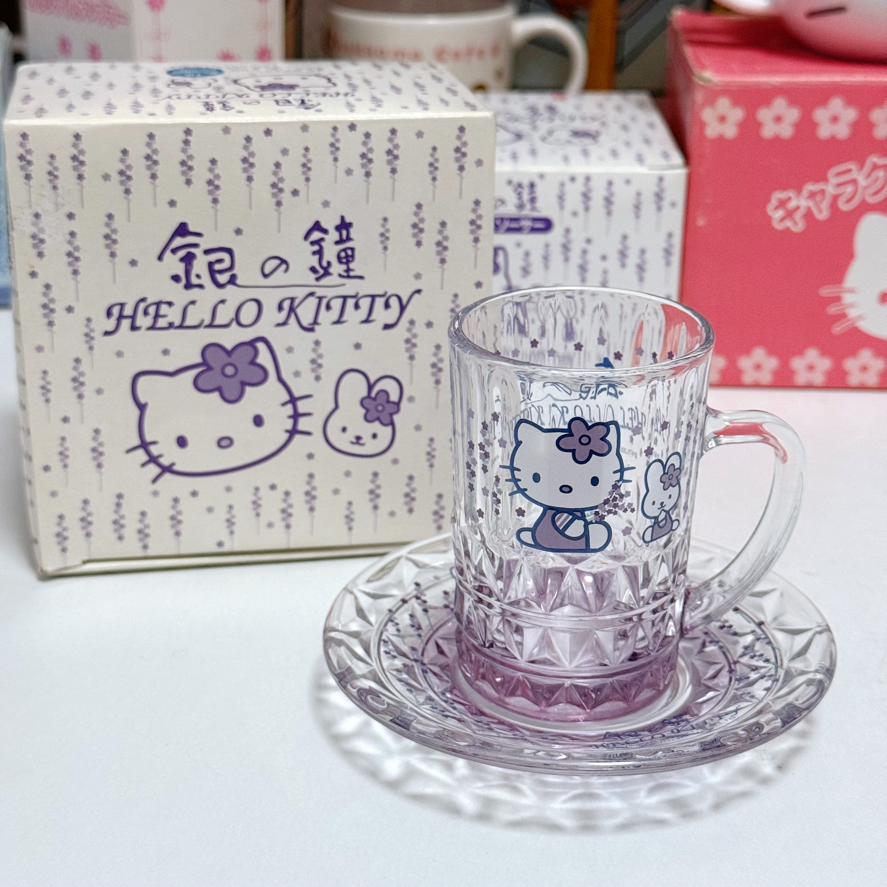 日本vintage 三丽鸥2001年紫色kitty北海道限量银钟玻璃杯套装