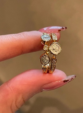 vintage中古风双层雅典娜三古币戒指高级小众个性设计复古
