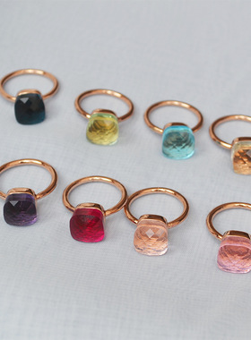 欧美饰品 个性潮人时尚靓丽简约彩色方糖水晶明星同款玫瑰金戒指