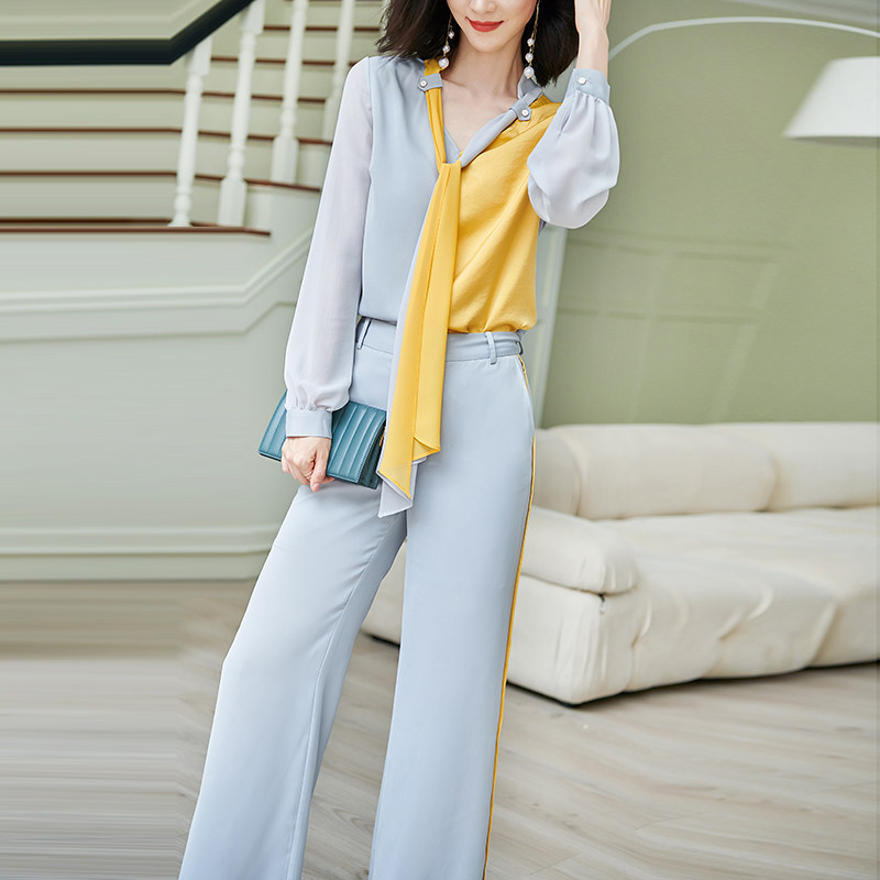 心语泉2021早秋新款长袖防晒薄款女装两件套时尚拼接名媛阔腿套装