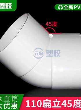 pvc110扁立45度弯头马桶移位扁管直弯头125*65扁管过墙直角竖弯