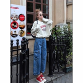 MISSKO可可欢姐春复古韩国蓝重工洗水立体口袋直筒九分工装 牛仔裤