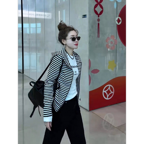 MISSKO可可欢姐早春新款定制条纹时尚双拉链连帽女士休闲卫衣外套