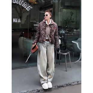 带腰带 重工喷漆做旧洗水蛋白绒复古风加绒牛仔裤 可可欢姐冬季 新款