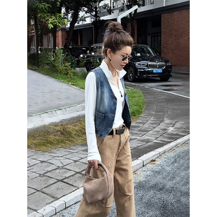 MISSKO可可欢姐早春复古洗水工装 牛仔马甲女 口袋V领显瘦时髦西装