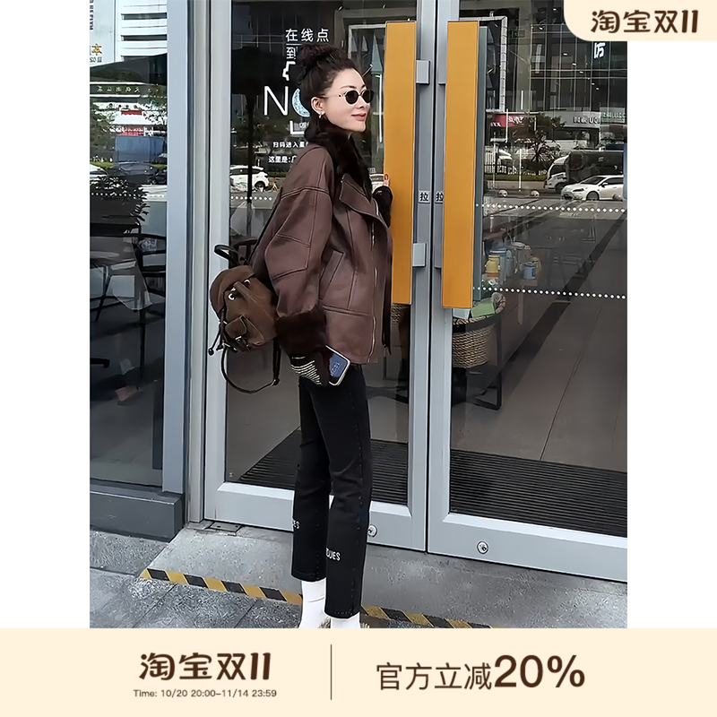 可可欢姐秋冬2025新款复古炒色加绒字母直筒九分烟管高弹牛仔裤女