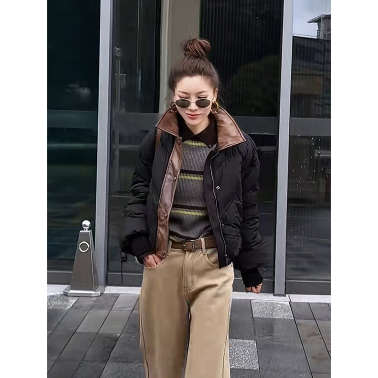 可可欢姐2025秋冬款重工洗水蛋白皮内里90白鸭绒复古撞色羽绒服