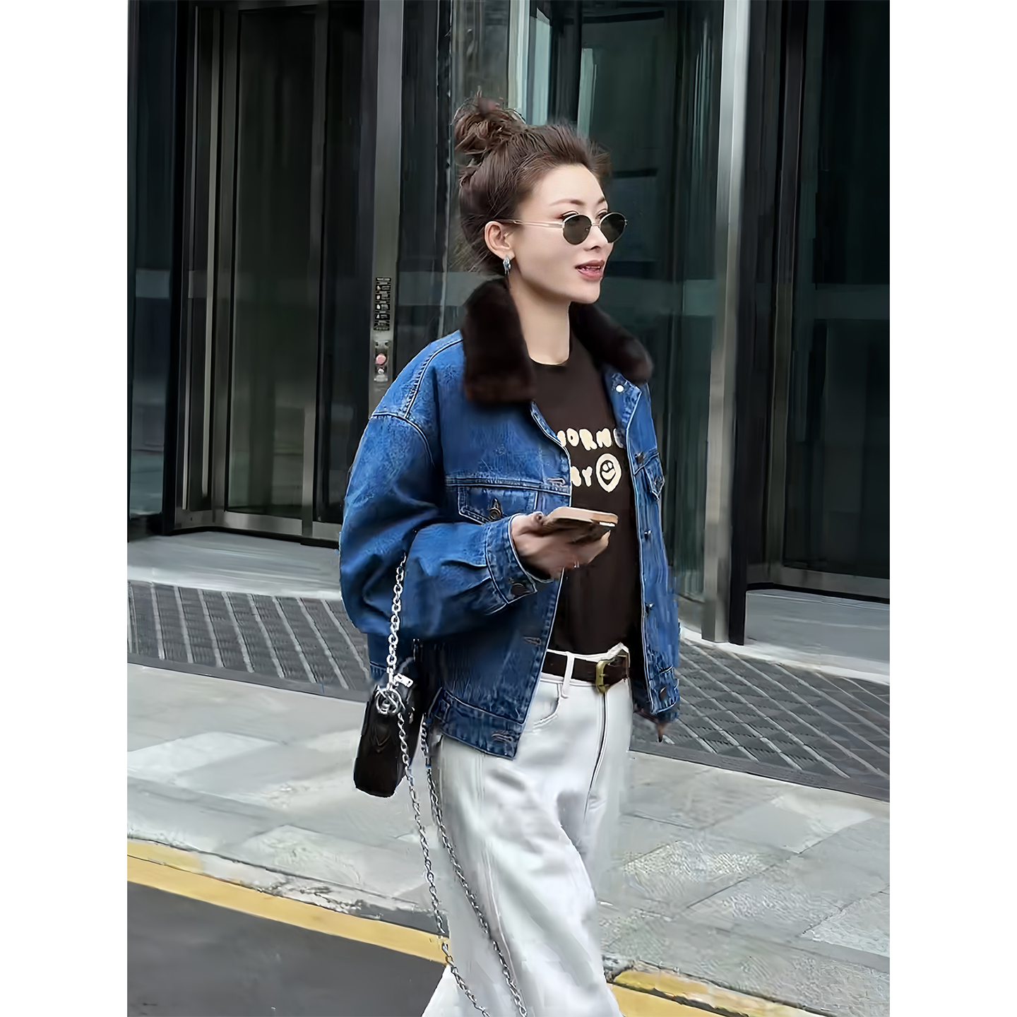 MISSKO秋冬复古洗水水貂毛领内里白鸭绒羽绒牛仔夹克外套上衣女士