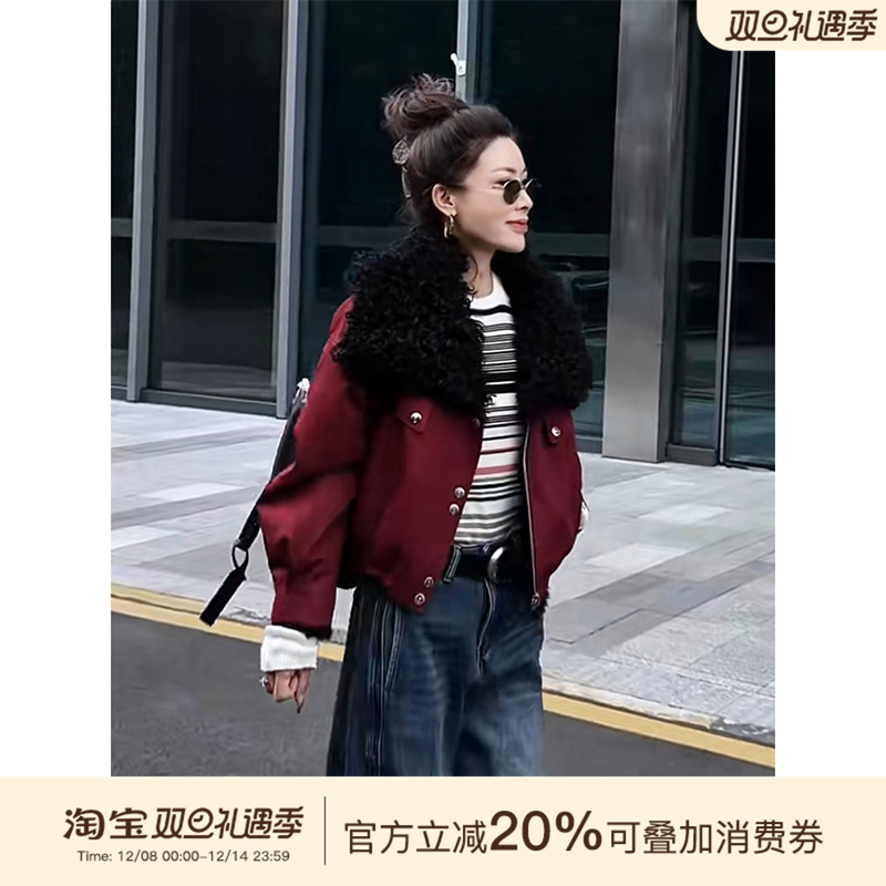 MISSKO可可欢姐秋冬新款托斯卡纳羊羔毛领内里獭兔皮毛一体派克服