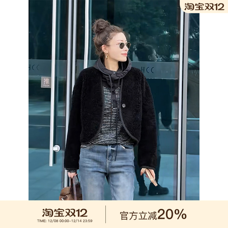 MISSKO可可欢姐秋冬新款复古日系休闲一粒扣羊毛皮毛一体厚外套