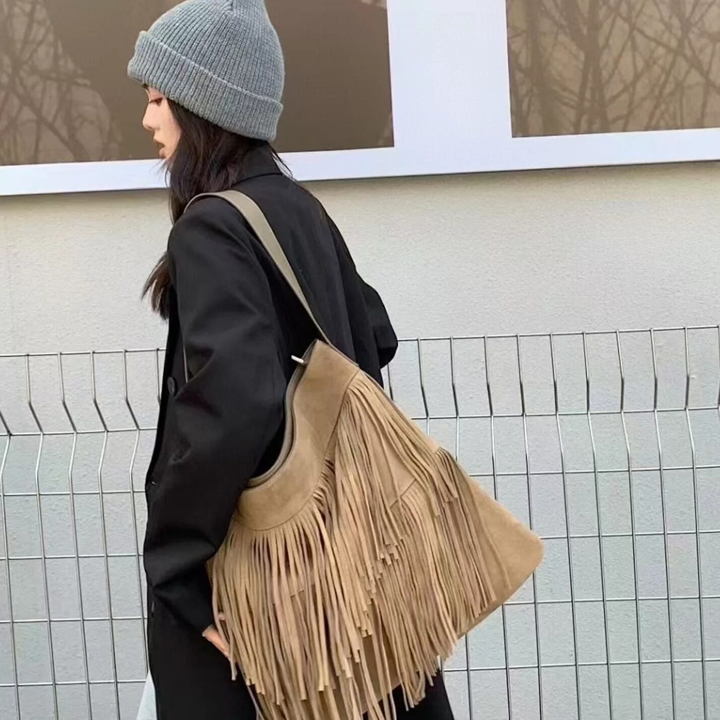 MISSKO可可欢姐复古牛皮重工大版斜挎流苏包女士百搭时尚高货包包