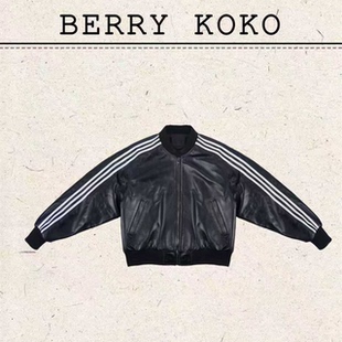 复古棒球服皮衣上衣外套 进口绵羊皮杠条款 MISSKO可可欢姐春季 新款