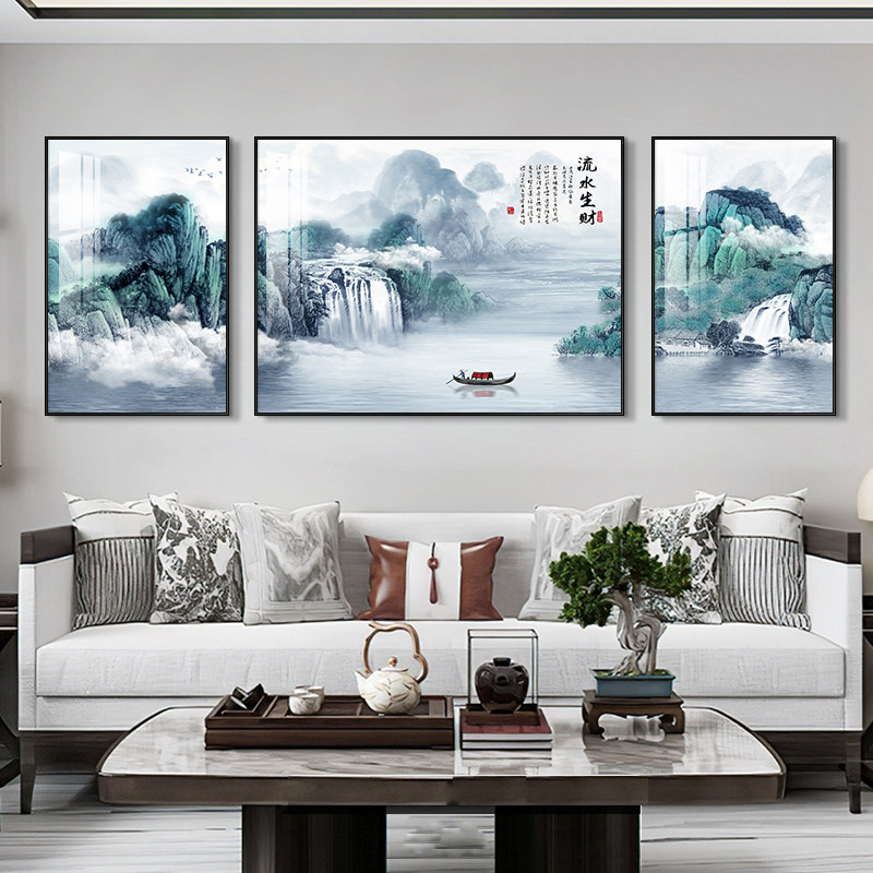 流水生财十字绣2026新款线绣客厅中式风景山水三联画手工自己刺绣