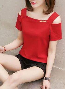 红色t恤女夏季一字领短袖上衣露肩2023新款夏装显瘦薄款女士体恤