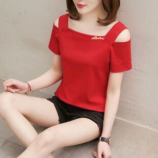 红色t恤女夏季一字领短袖上衣露肩2023新款夏装显瘦薄款女士体恤
