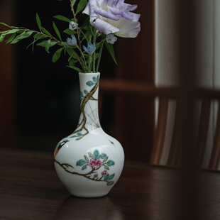 赏器 早期 蔡老师金签 晓芳窑 粉彩 花鸟小胆瓶  摆件 花器