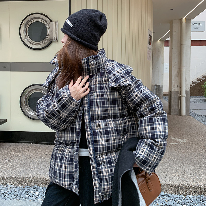 日本offcat小个子短款复古蓝色格子羽绒服女2025冬季新款洋气超好
