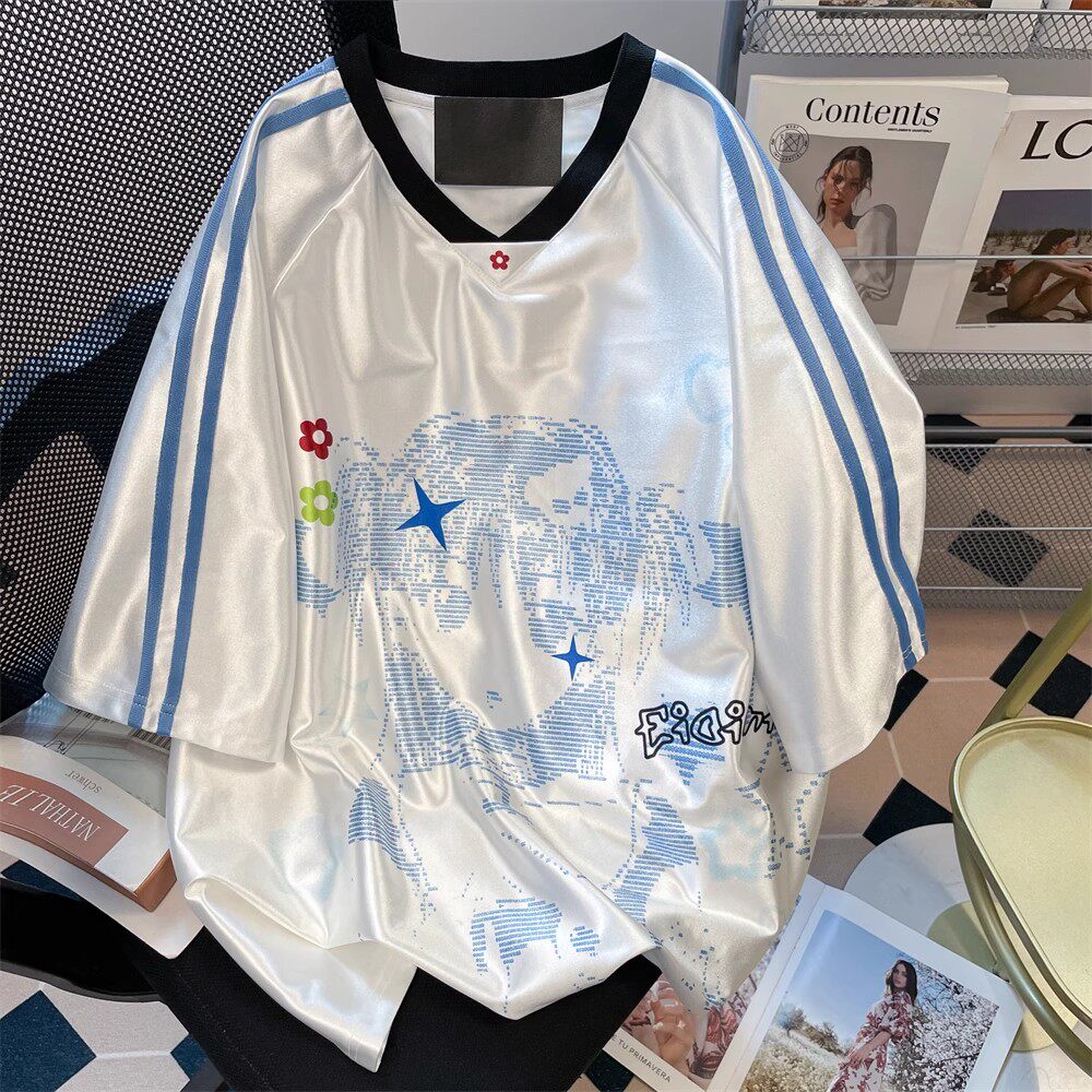 日本offcat日系动漫二次元v领球衣短袖t恤女夏季辣妹y2k运动休闲t