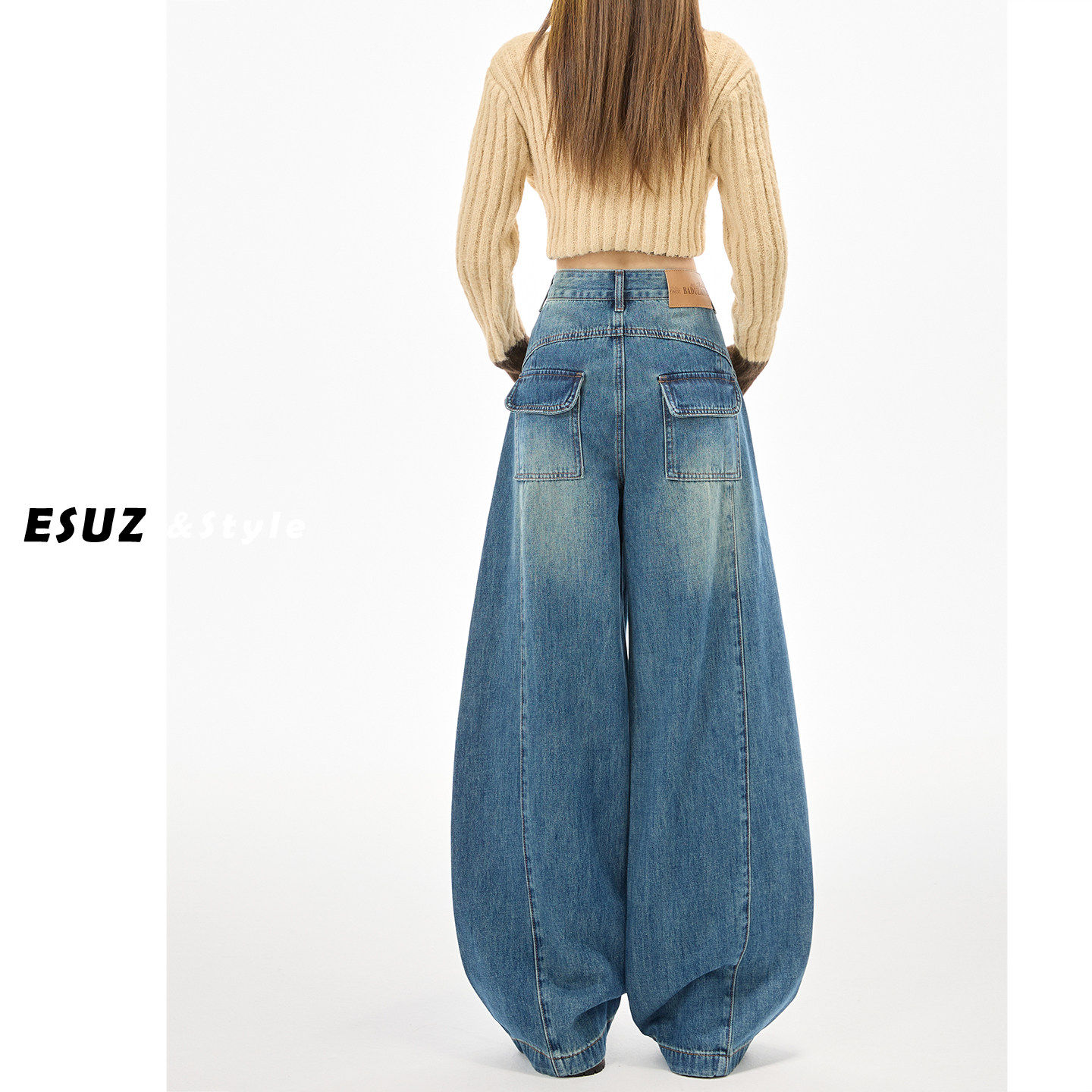 日本offcat复古蓝高街阔腿弯刀牛仔裤女春季新款加绒宽松显瘦直筒