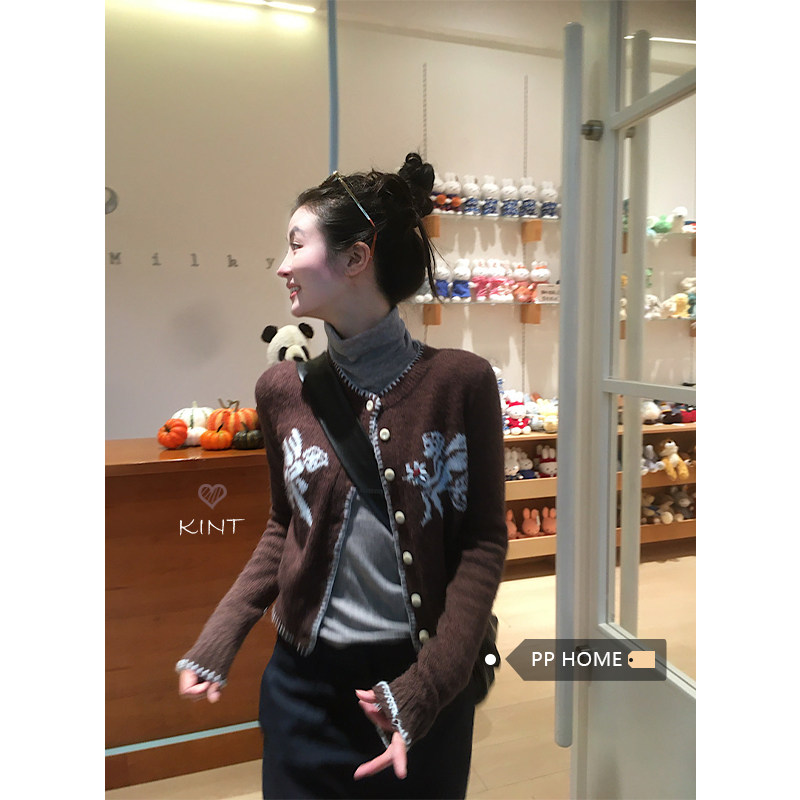 日本offcat  丘比特提花手工钉花锁边针织毛衣开衫女上衣
