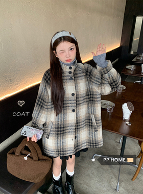 PPHOME 马德里漂流岛秋冬韩chic加厚格纹单排扣呢子外套