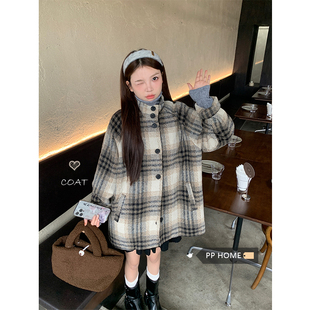 PPHOME 马德里漂流岛秋冬韩chic加厚格纹单排扣呢子外套