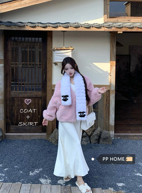 日本offcat加厚皮毛一体毛毛外套女秋冬修身显瘦长袖针织连衣裙两