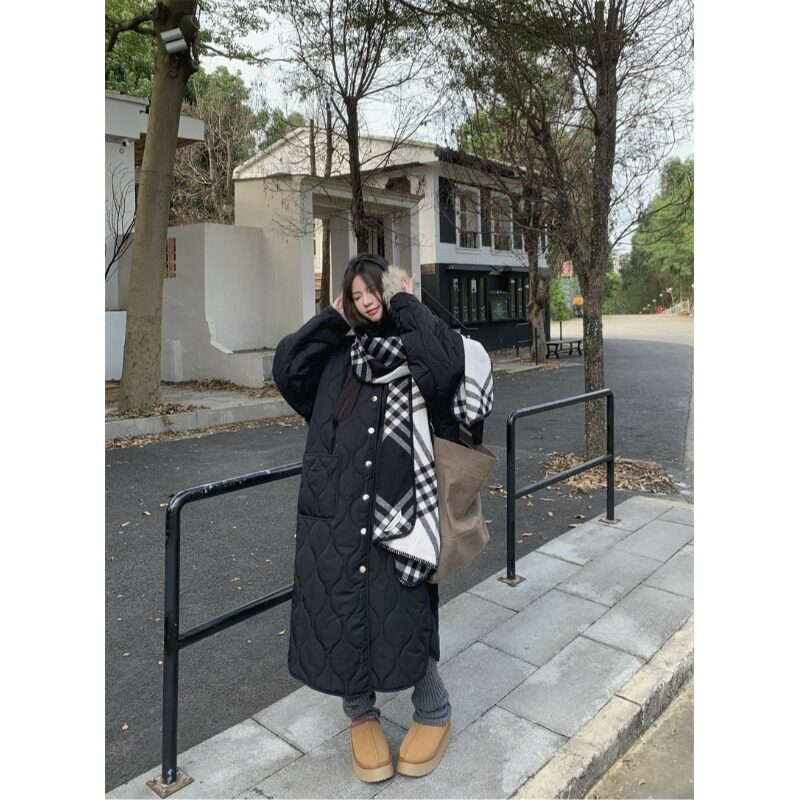 日本offcat冬款菱格立领棉服外套女韩系慵懒宽松保暖长款开衫上衣