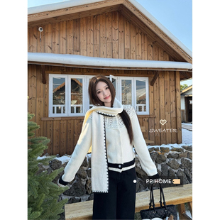 日本offcat费尔岛回忆 黑白拼色镂空毛衣开衫上衣