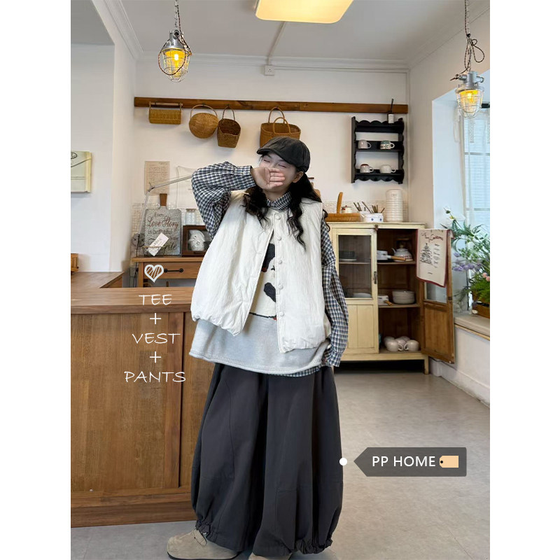 日本offcat白色叠穿棉马甲外套女秋冬宽松针织背心衬衫外套休闲裤