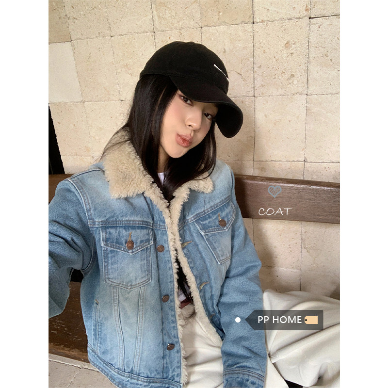 日本OFFCAT复古牛仔加绒加厚羊羔绒外套女冬季羊羔毛流行爆款棉服