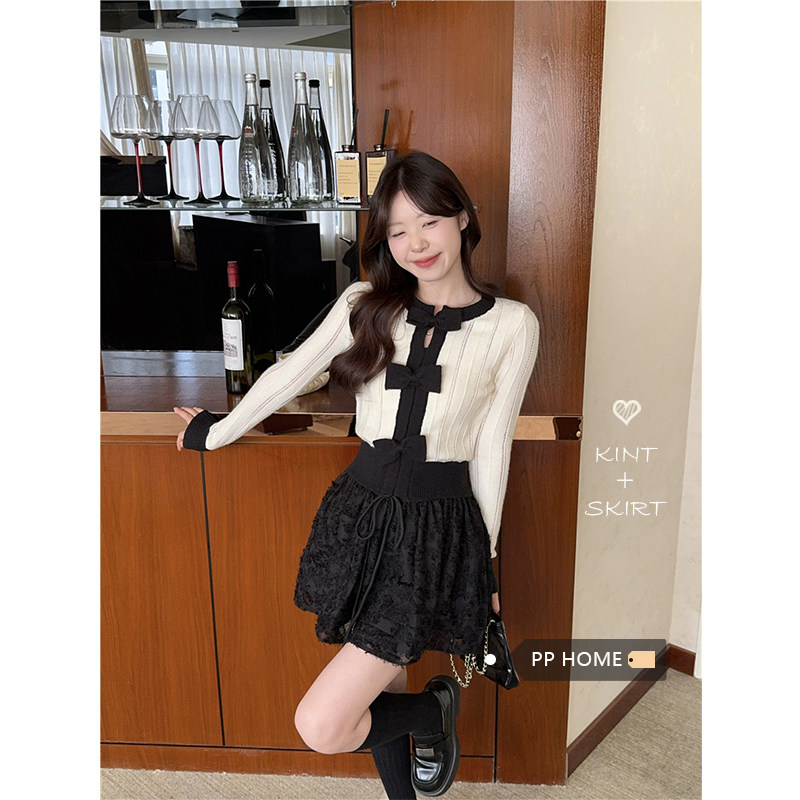 日本offcat小香风套装女秋冬撞色圆领针织衫黑色短款a字半身裙两