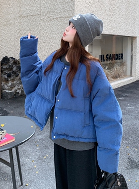 日本offcat深蓝色灯芯绒羽绒服女2025超火巨好看短款小个子90白鸭