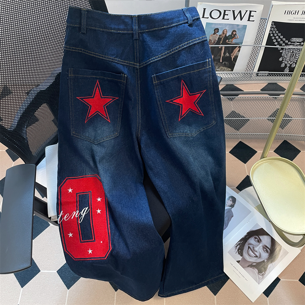 日本offcat设计感小众刺绣星星微喇牛仔裤女秋季美式复古宽松显瘦