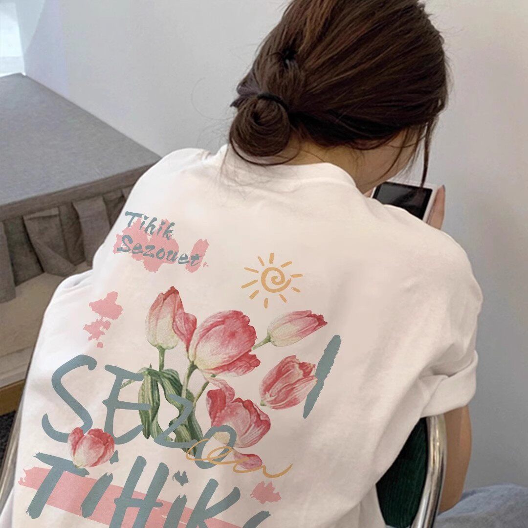 印花白色T恤女夏宽松慵懒上衣