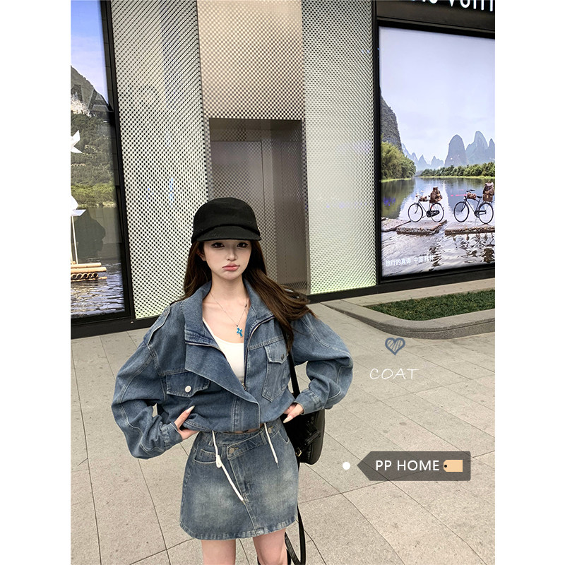 日本offcat辣妹牛仔套装女秋冬复古水洗廓形短款牛仔外套包臀半身