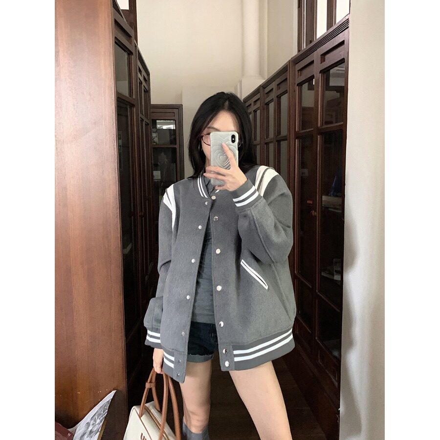 日本offcat美式设计感撞色棒球服外套女秋冬休闲宽松卫衣灰色百搭