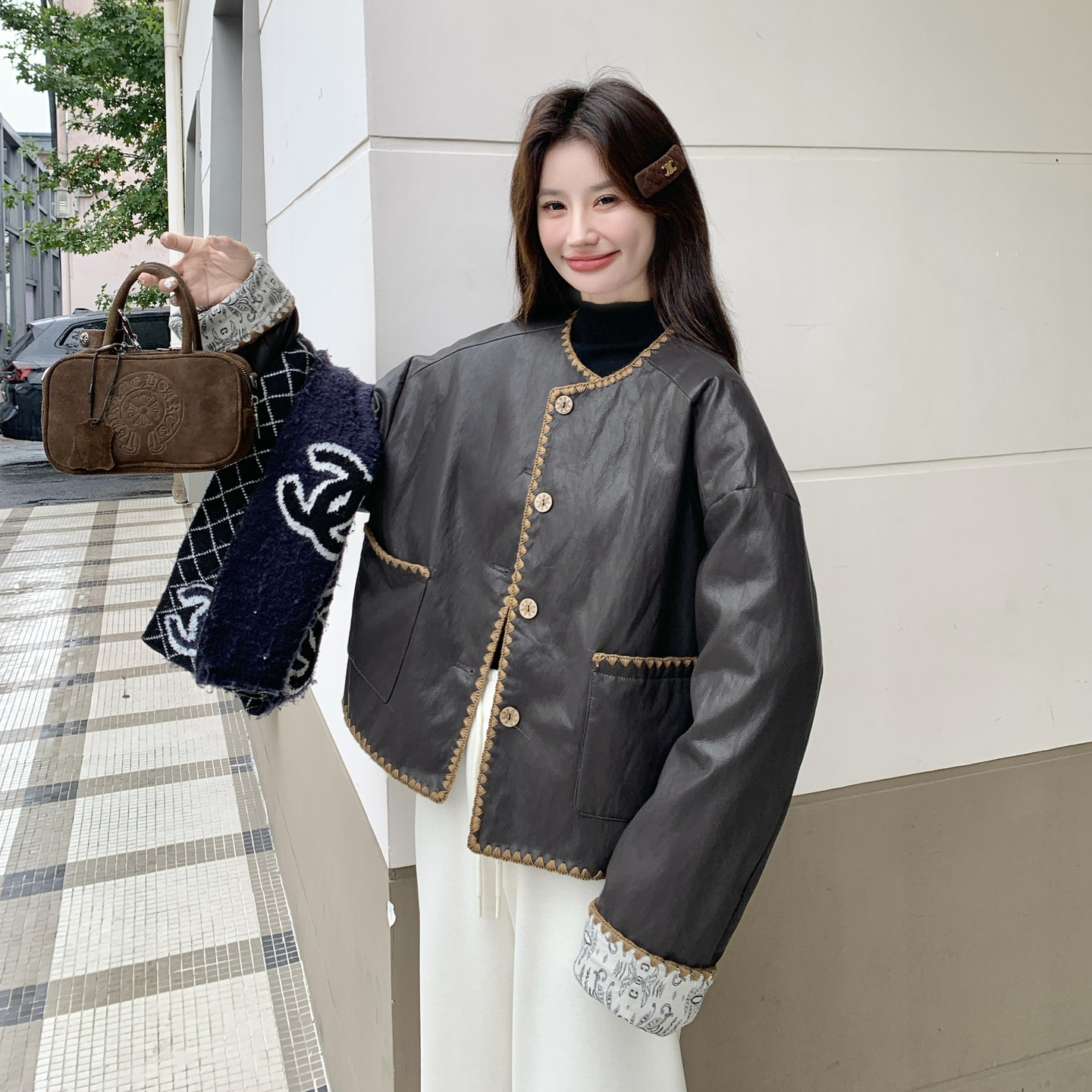 日本offcat小个子短款撞色皮衣羽绒服女2025冬新款巨好看的洋气刺