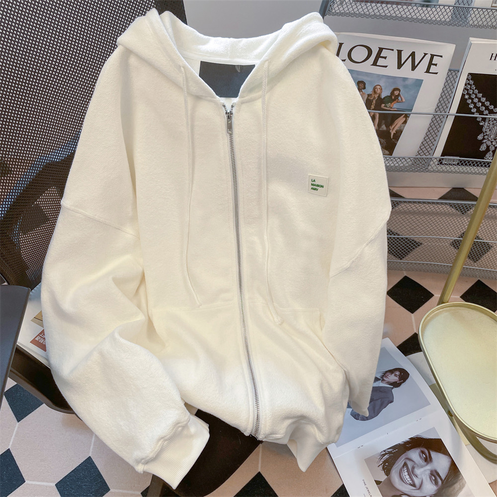 日本offcat白色美式慵懒风宽松连帽卫衣外套女秋冬情侣装休闲简约