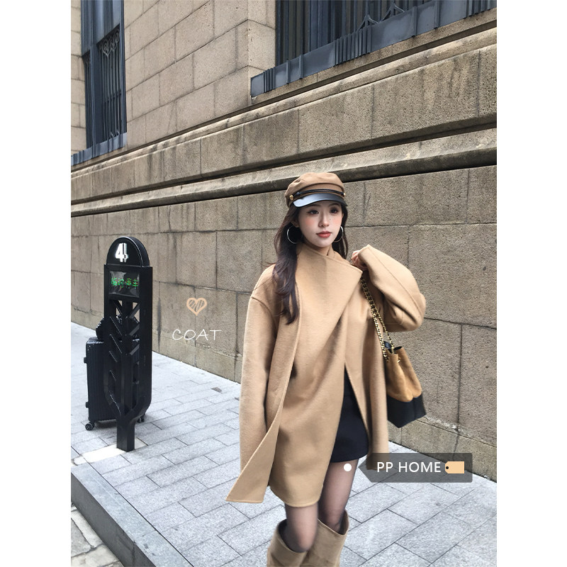 日本offcat经典卡其色翻领短款毛呢外套女冬季高级感气质宽松呢子