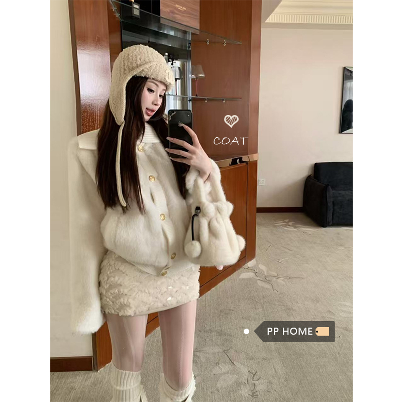 日本offcat甜美软糯大翻领毛毛外套女冬季加厚白色环保皮草高级感